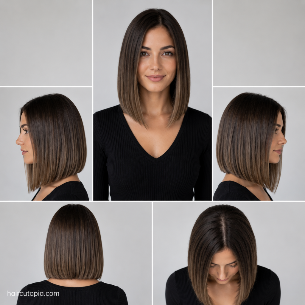 Five-view collage of a sleek blunt lob haircut for straight hair showing the front, left side, right side, back, and top views.