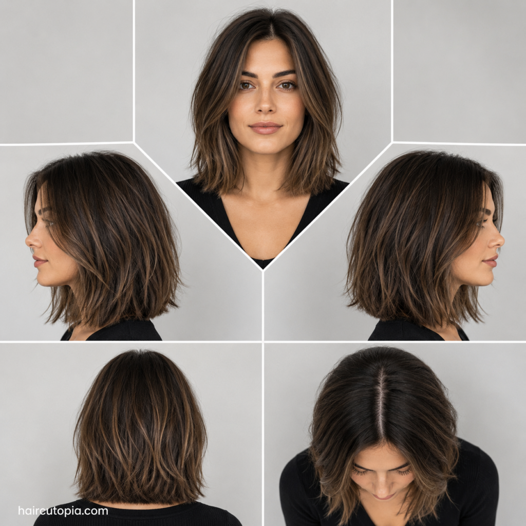 Five-view collage of a layered lob haircut for thick hair showing the front, left side, right side, back, and top views.