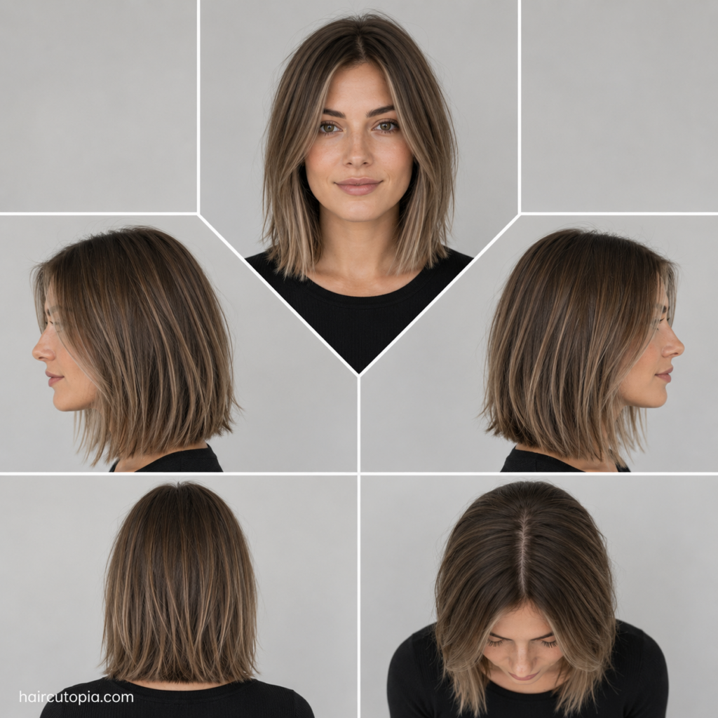 Five-view collage of a blunt layered lob haircut for thin hair showing the front, left side, right side, back, and top views.