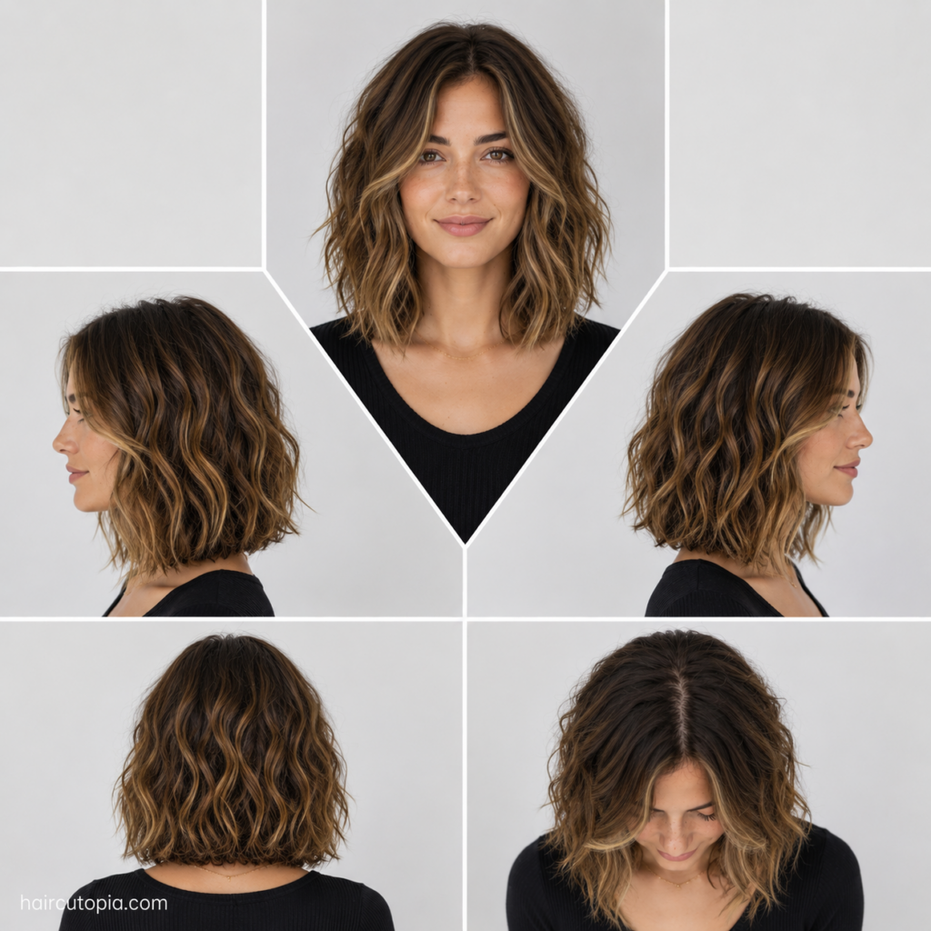 Five-view collage of a textured wavy lob haircut showing the front, left side, right side, back, and top views.