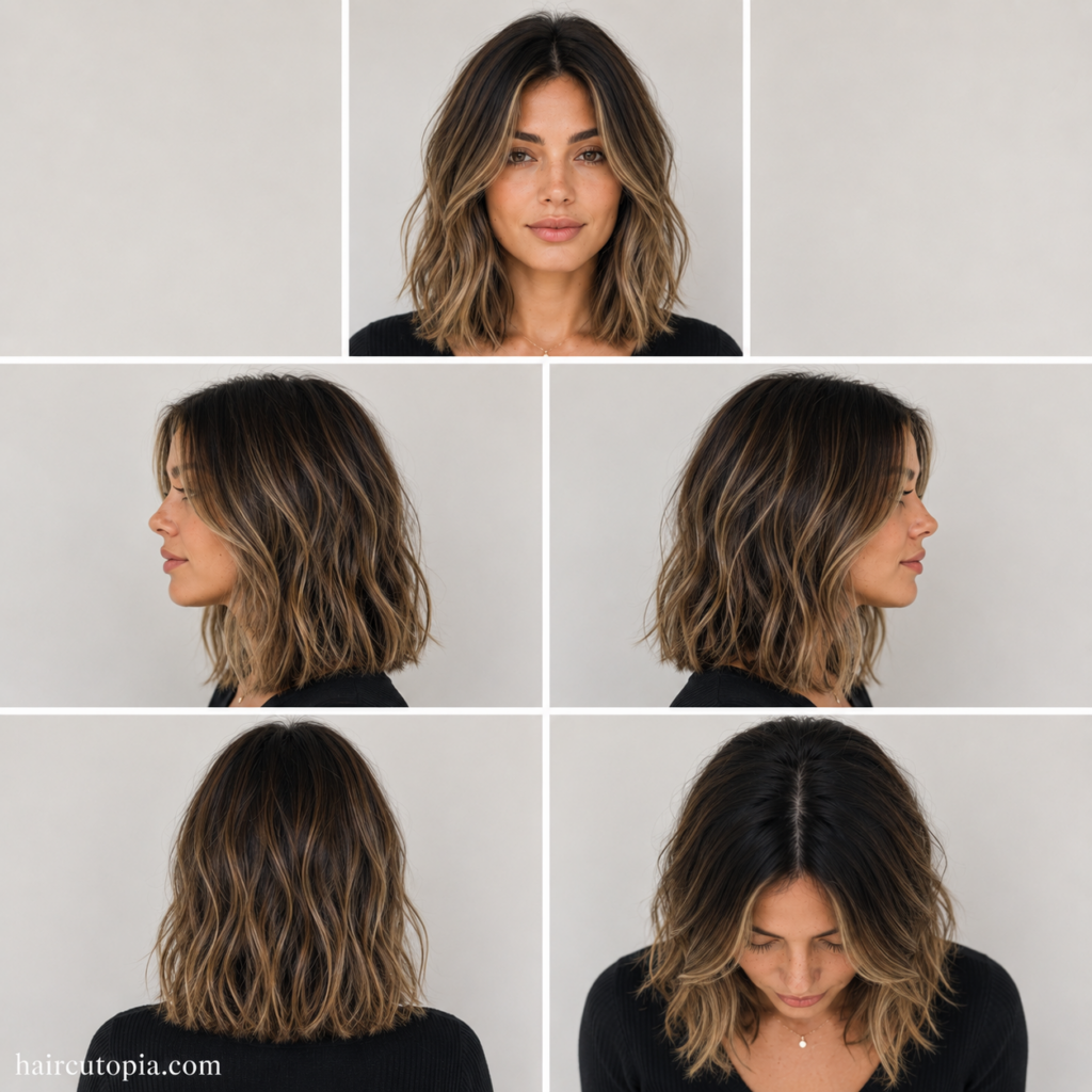 Lob haircut shown from front, left side, right side, back, and top views