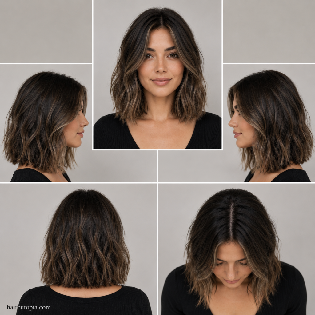 Five-panel collage showing a modern lob haircut for a heart-shaped face from the front, left side, right side, back, and top views.