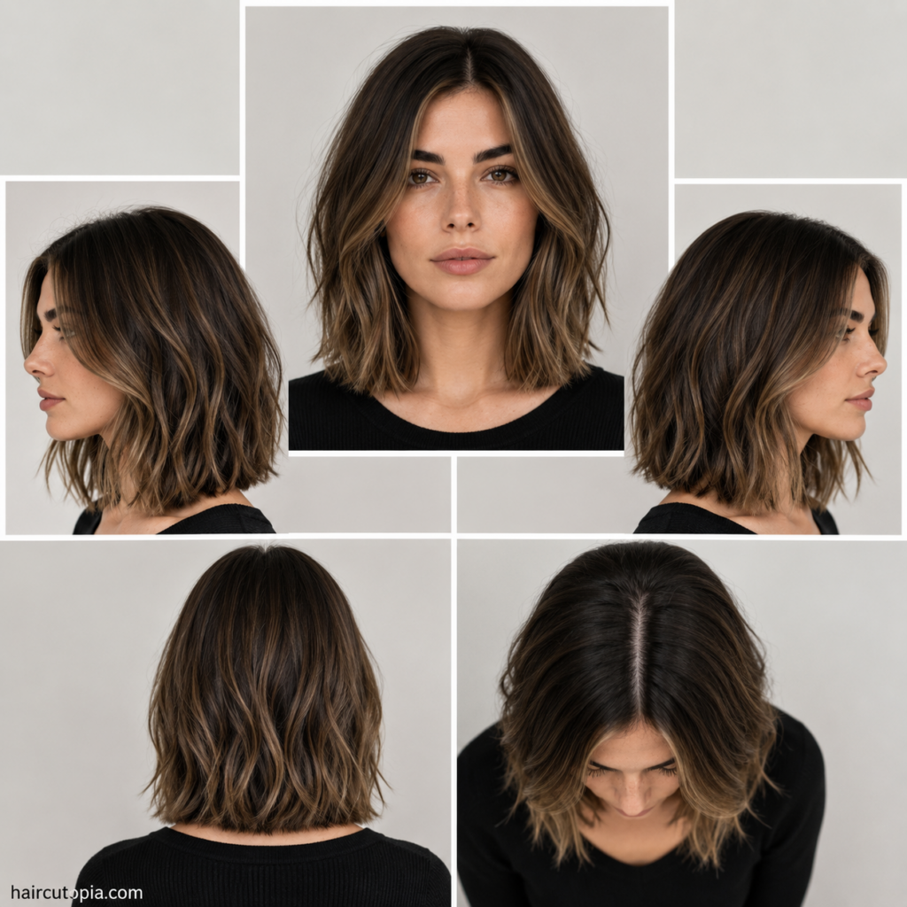 Five-view collage of a textured lob haircut for a long face showing the front, left side, right side, back, and top views.
