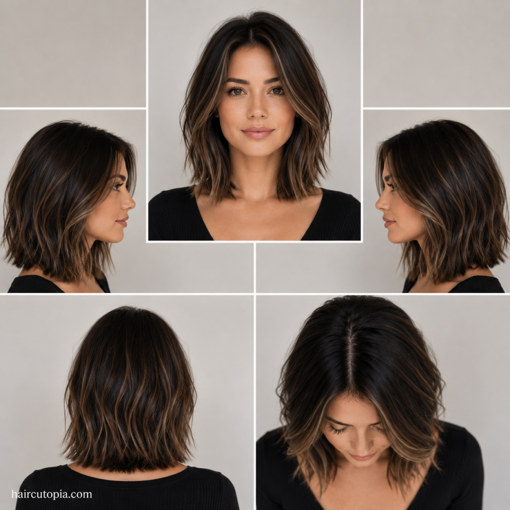 Five-panel collage showing a modern lob haircut for an oval face from the front, left side, right side, back, and top views.