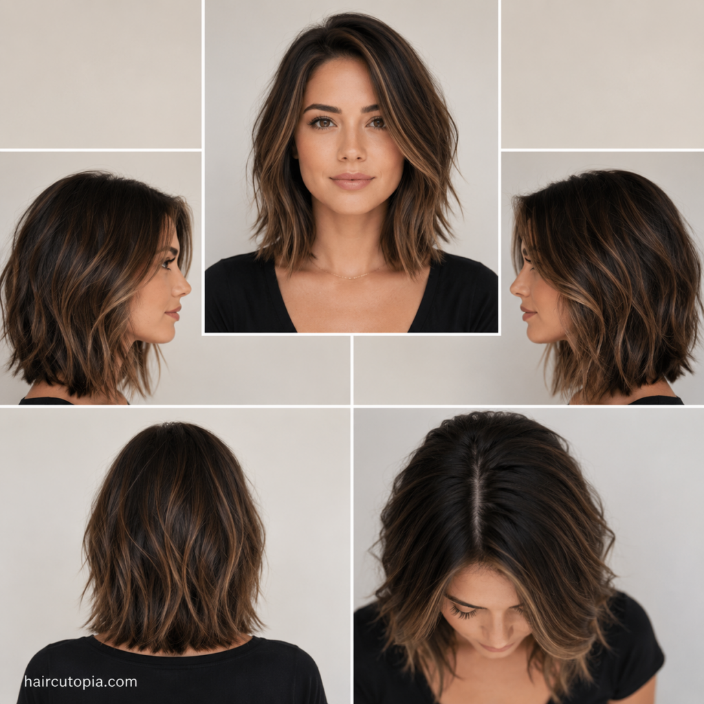 Five-panel collage showing a modern lob haircut for a round face from the front, left side, right side, back, and top views.