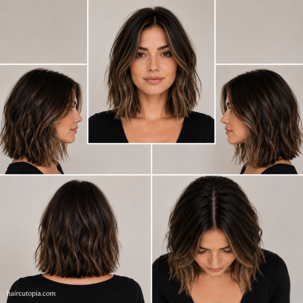 Five-panel collage showing a modern lob haircut for a square face from the front, left side, right side, back, and top views.