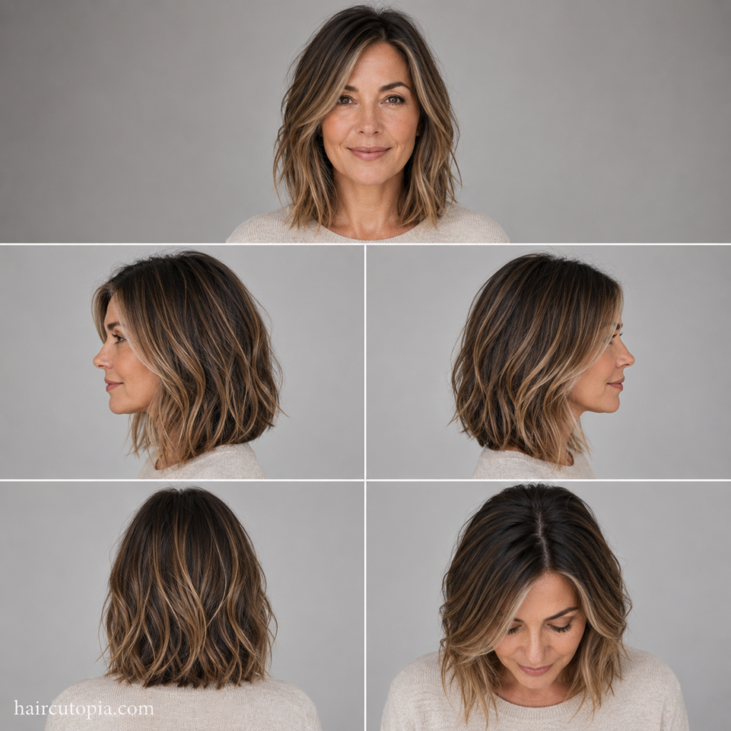 Five-panel collage of a lob haircut for busy moms showing the front, left side, right side, back, and top views of a modern shoulder-length long bob.