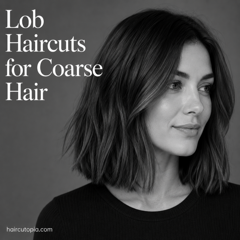 Woman with a layered lob haircut for coarse hair in a black-and-white editorial portrait showcasing soft texture and controlled volume.