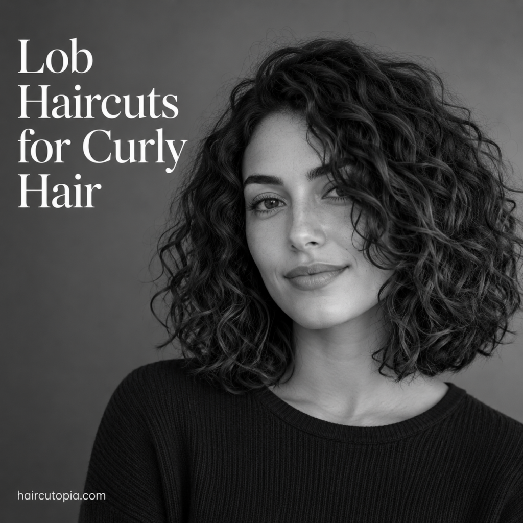 Woman with a layered curly lob haircut in a black-and-white editorial portrait showcasing natural curl definition and volume.