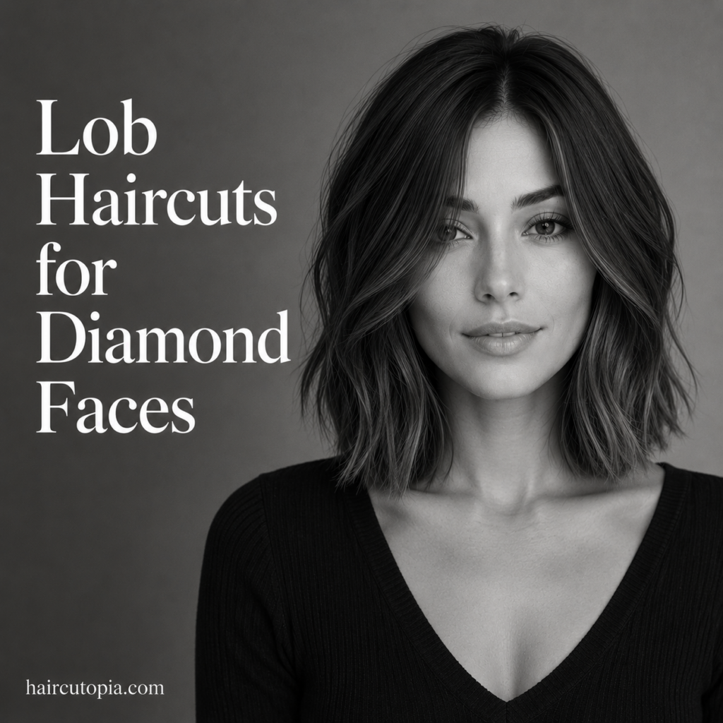 Woman with a modern textured lob haircut for a diamond-shaped face in a black-and-white editorial portrait.
