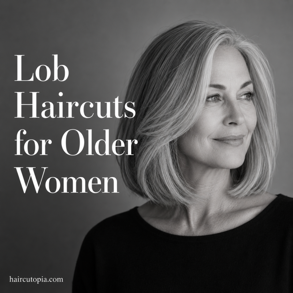 Older woman with an elegant shoulder-length lob haircut in a black-and-white editorial portrait showcasing a timeless long bob hairstyle.