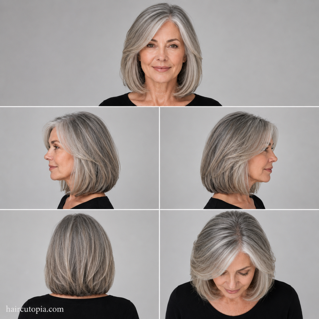 Five-panel collage of a lob haircut for older women showing the front, left side, right side, back, and top views of an elegant shoulder-length long bob hairstyle.