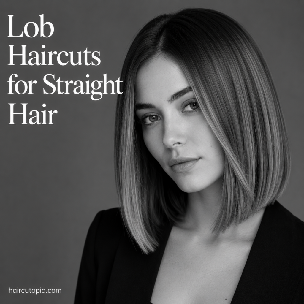 Woman with a sleek blunt lob haircut for straight hair in a black-and-white editorial portrait showcasing smooth, glossy strands.