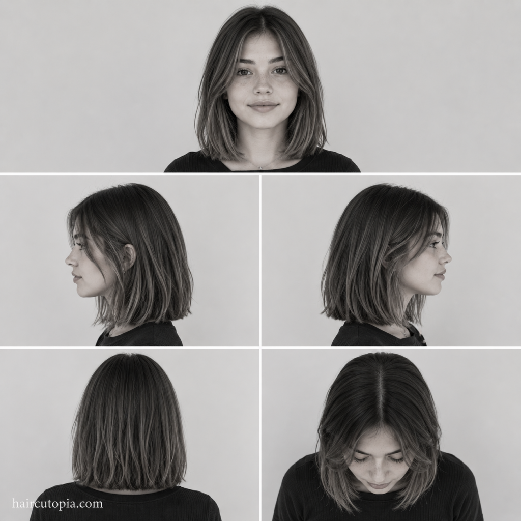 Five-panel collage of a teen girl's lob haircut showing the front, left side, right side, back, and top views of a modern shoulder-length long bob.