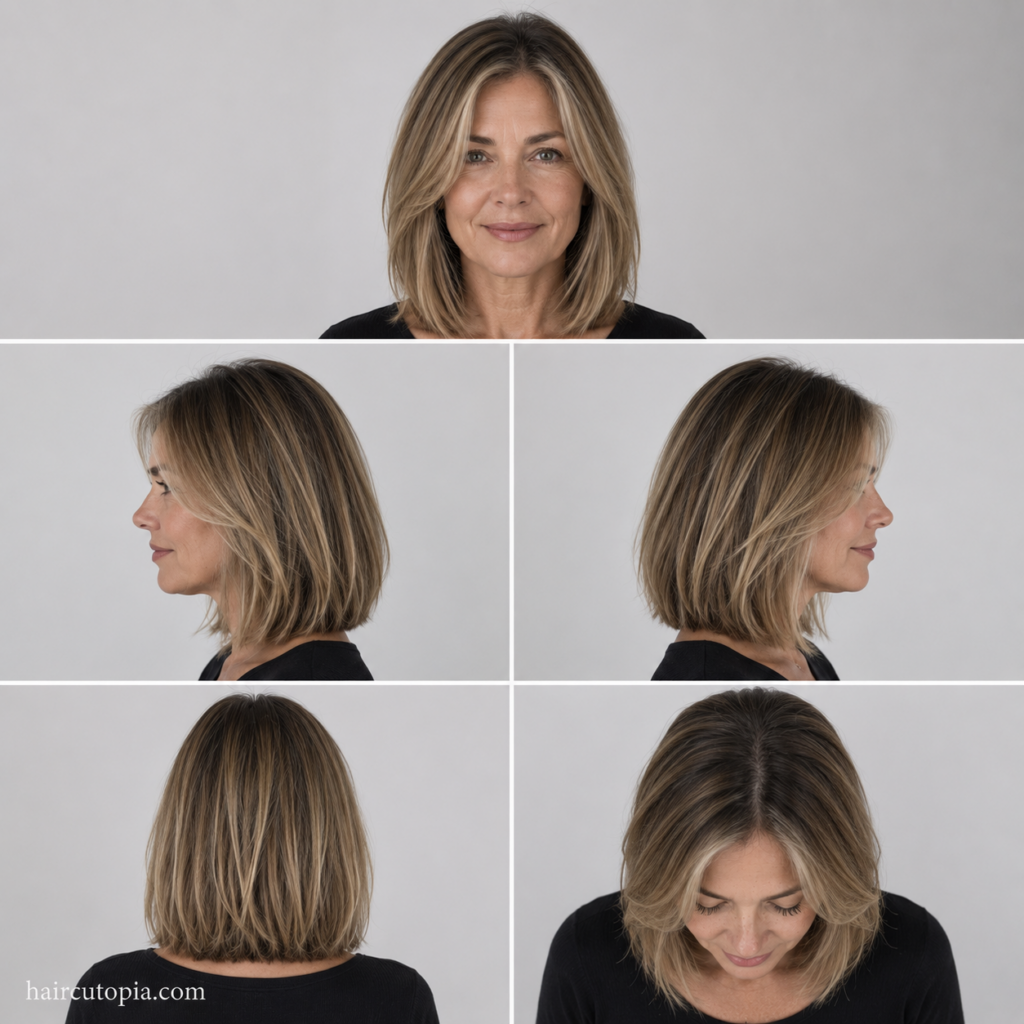 Five-panel collage of a lob haircut for women over 40 showing the front, left side, right side, back, and top views of a sophisticated shoulder-length long bob.