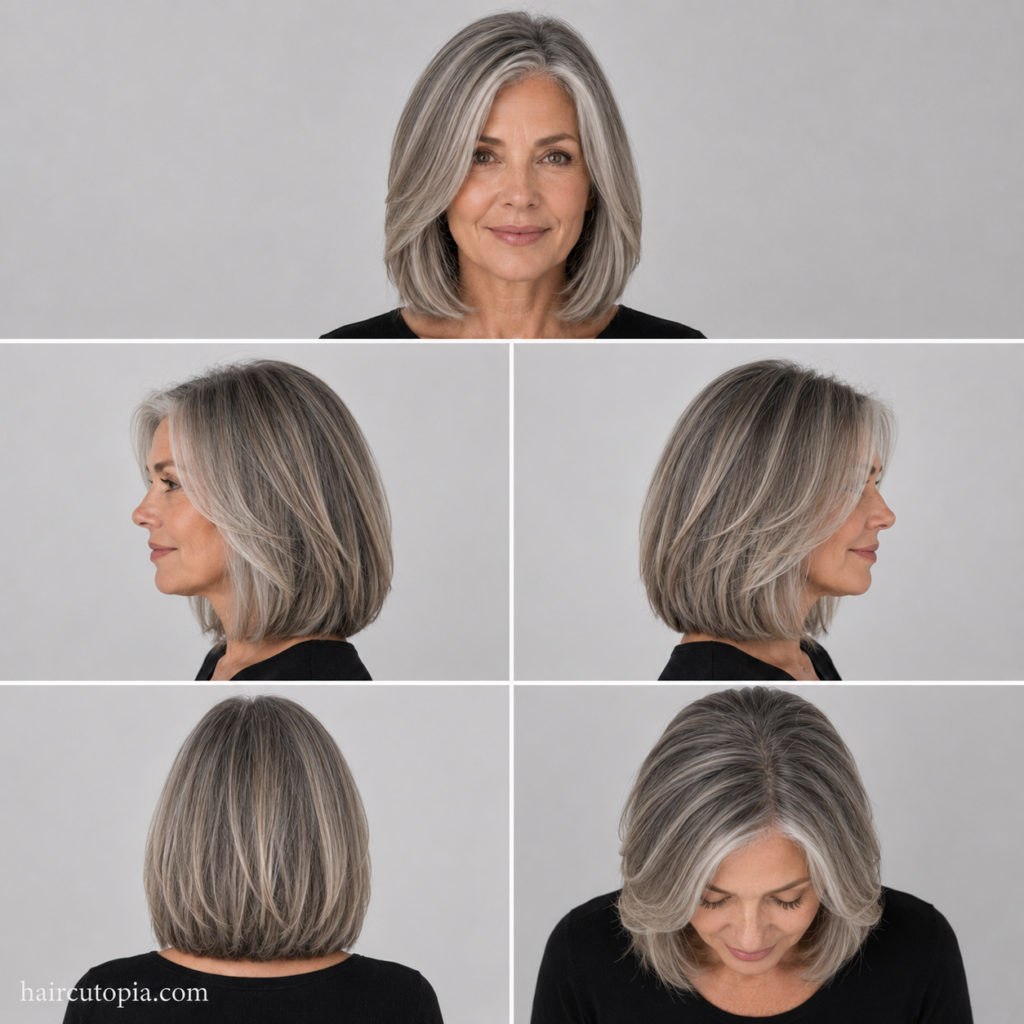 Five-panel collage of a lob haircut for women over 50 showing the front, left side, right side, back, and top views of an elegant shoulder-length long bob.