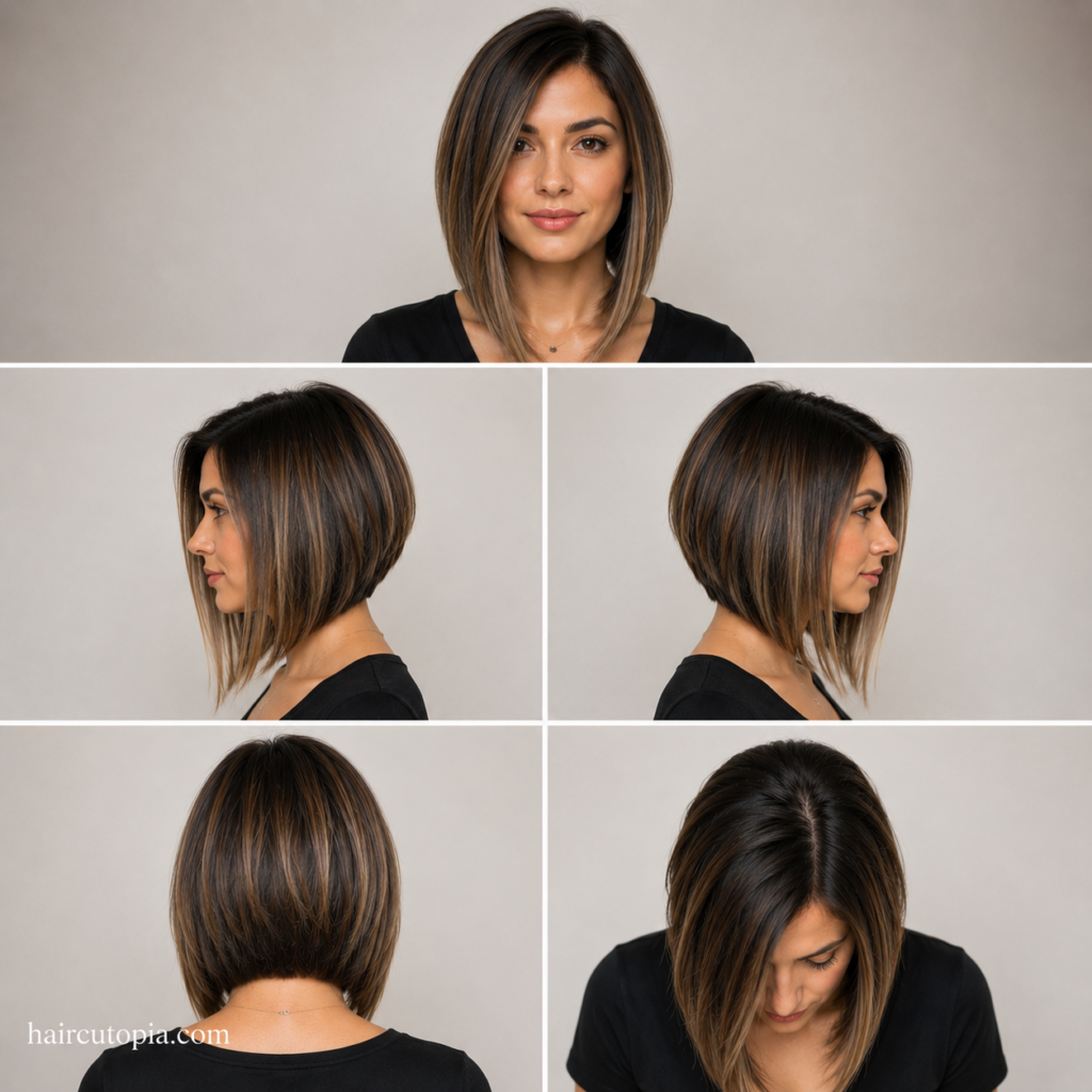 Five-view collage of a long A-line bob haircut showing the front, left side, right side, back, and top view of the angled collarbone-length hairstyle.