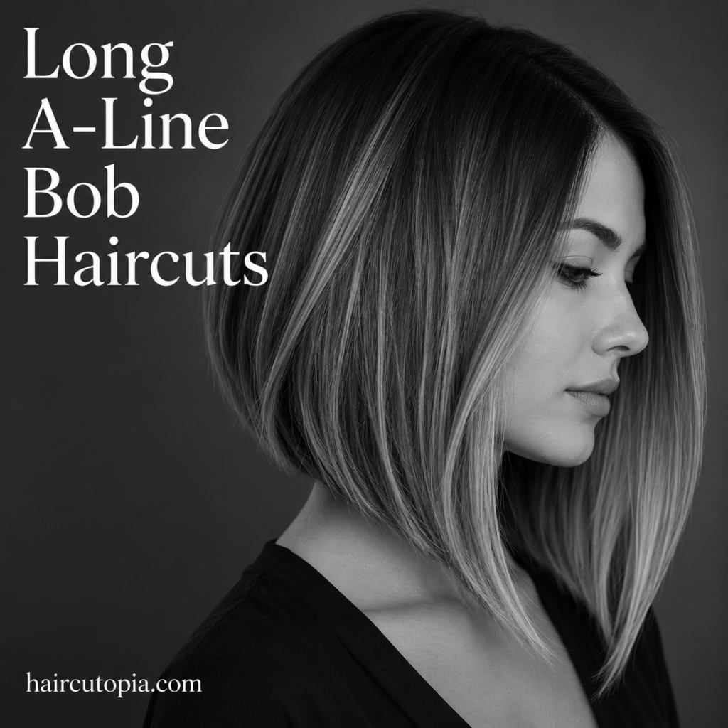 Long A-line bob haircut with sleek collarbone-length angled layers in a black-and-white editorial portrait