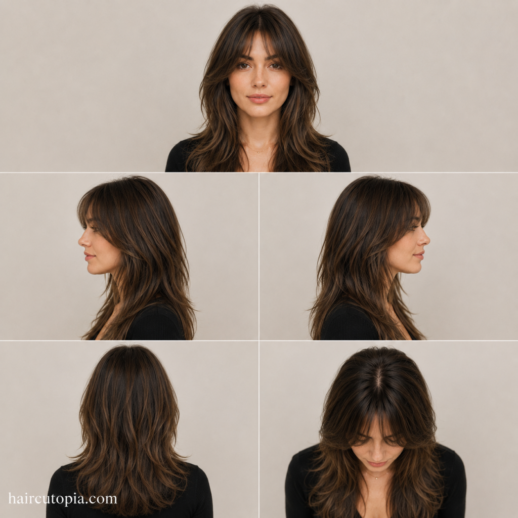 Five-view collage of a woman with long layered hair and long curtain bangs shown from the front, left side, right side, back, and bird's-eye views.