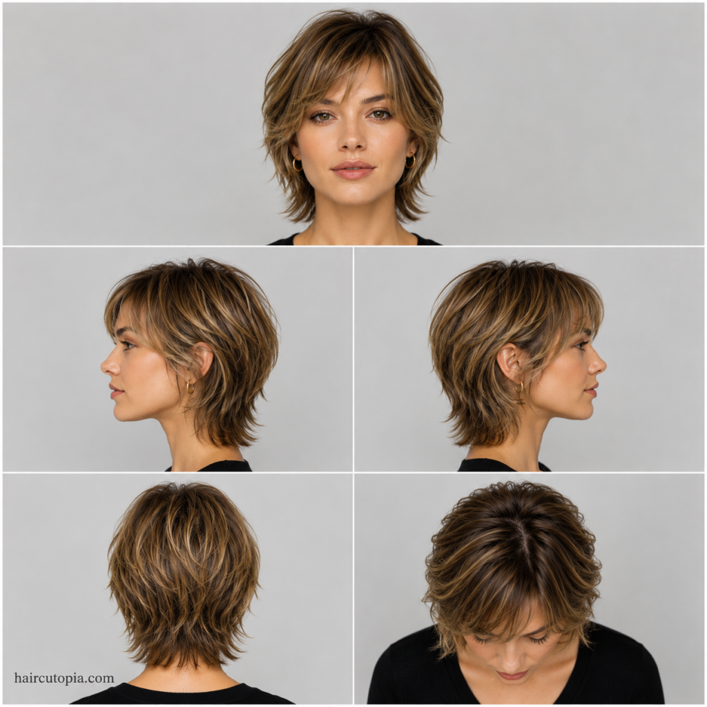 Long bixie haircut shown from the front, left side, right side, back, and top view highlighting layered texture, soft movement, and face-framing length.