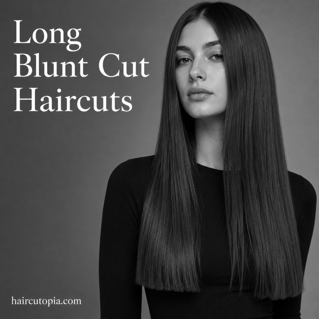 Woman with a sleek long blunt cut hairstyle in a black-and-white editorial portrait.