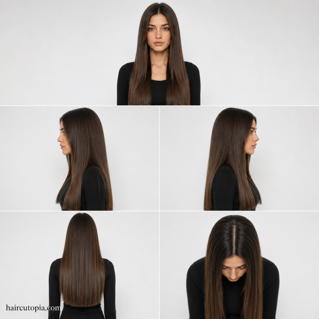 Five-panel collage showing a long blunt cut haircut from the front, left side, right side, back, and top views.