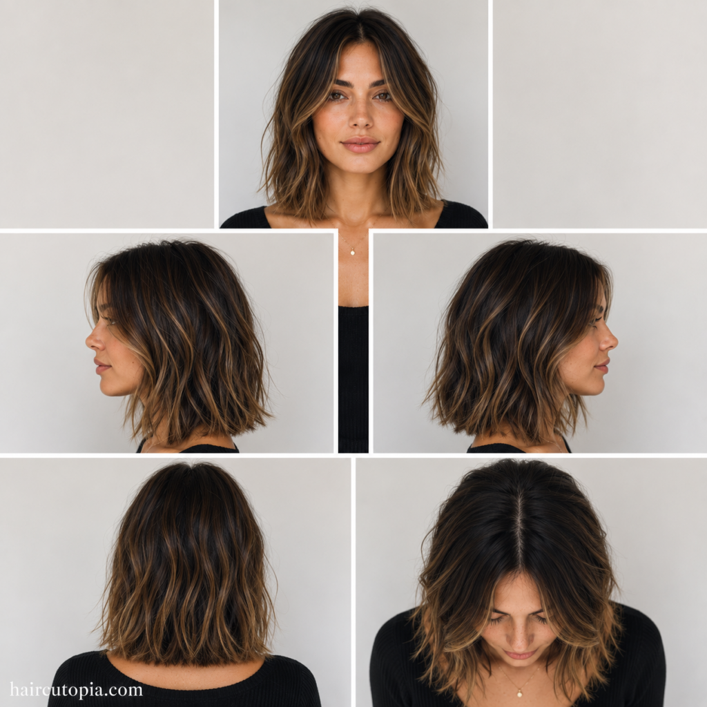 Long bob haircut shown from front, left side, right side, back, and top views