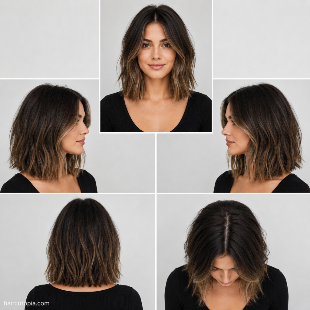 Five-view collage of a long bob haircut for round faces showing the front, left side, right side, back, and top views of a textured collarbone-length lob.
