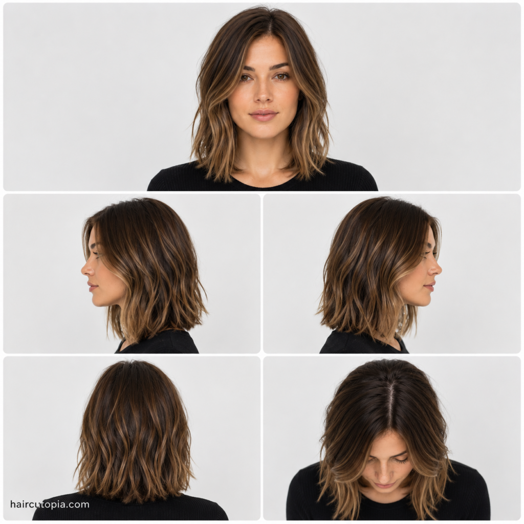 Five-view collage of a modern long bob haircut showing the front, left side, right side, back, and bird's-eye views.