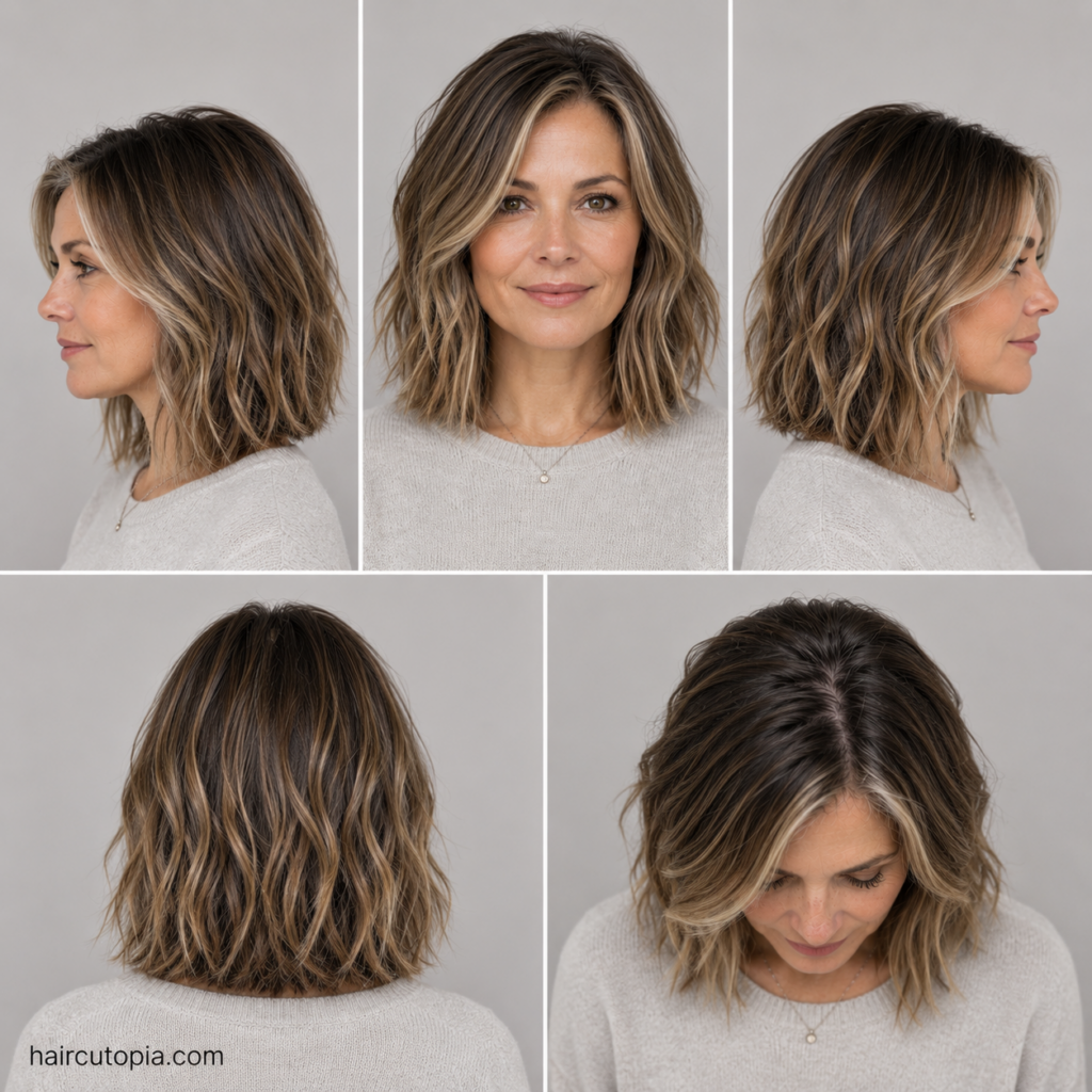 Five-panel collage showing a modern long bob haircut for a busy mom from the front, left side, right side, back, and bird's-eye views.