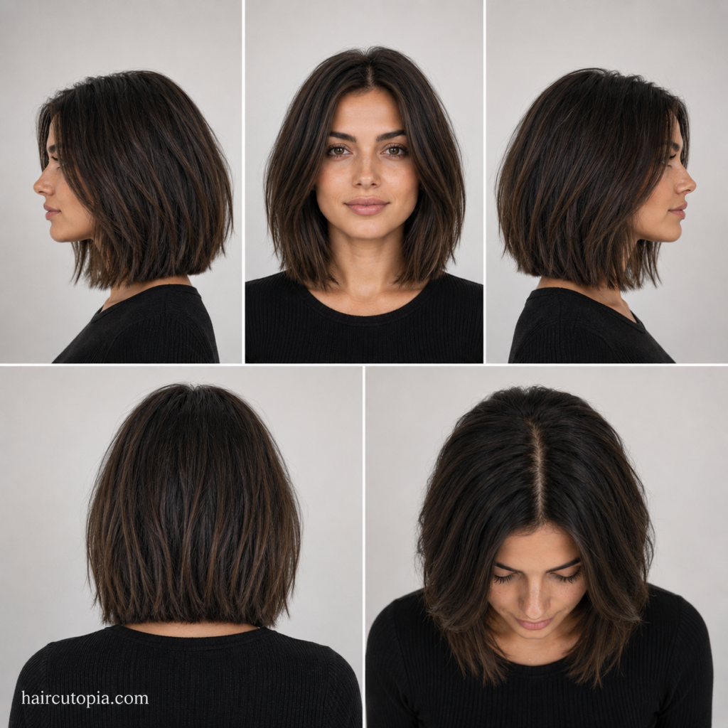 Five-panel collage showing a long bob haircut for coarse hair from the front, left side, right side, back, and bird's-eye views, highlighting layered texture, reduced bulk, and balanced shape.