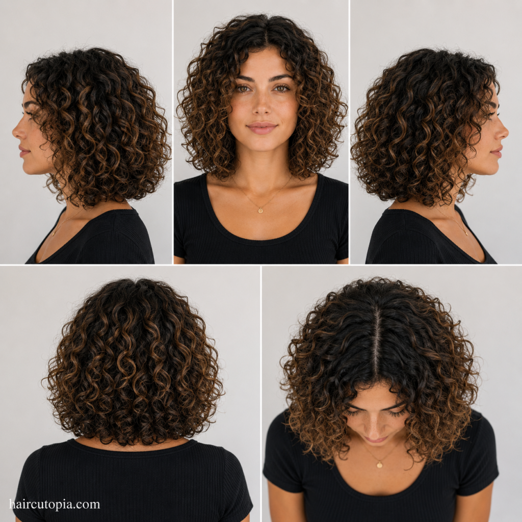 Five-panel collage showing a long bob haircut for curly hair from the front, left side, right side, back, and bird's-eye views, highlighting defined curls, layered shape, and natural volume.