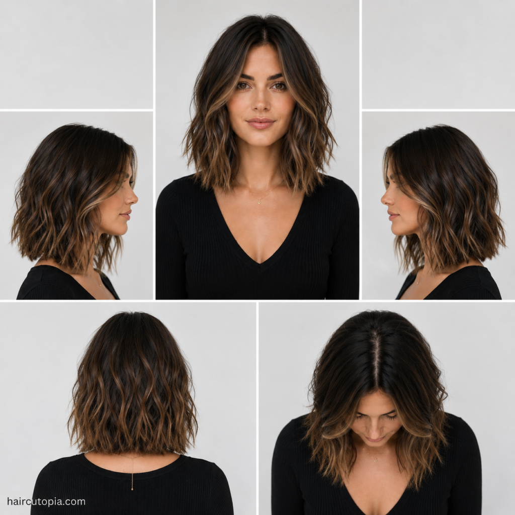 Five-view collage of a modern long bob haircut for diamond-shaped faces featuring the front, left side, right side, back, and bird's-eye views of a textured collarbone-length lob.