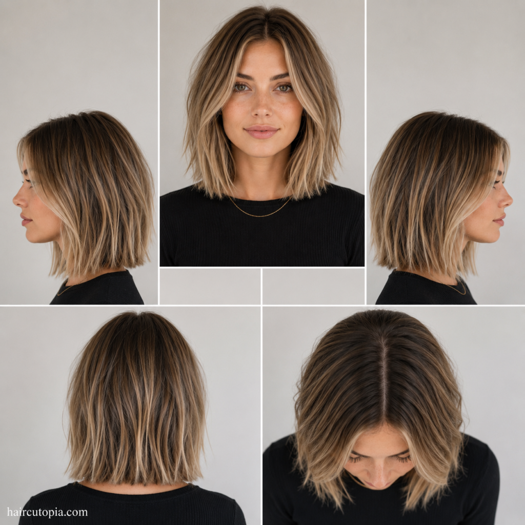 Five-panel collage showing a long bob haircut for fine hair from the front, left side, right side, back, and bird's-eye views, highlighting the cut's shape, texture, and natural volume.
