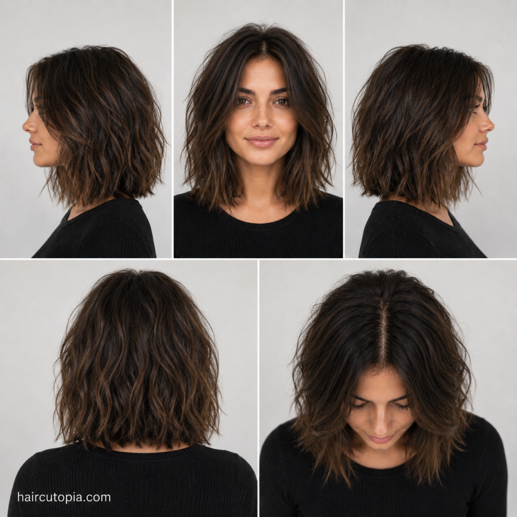 Five-panel collage showing a long bob haircut for frizzy hair from the front, left side, right side, back, and bird's-eye views, highlighting soft texture, layered shape, and natural movement.