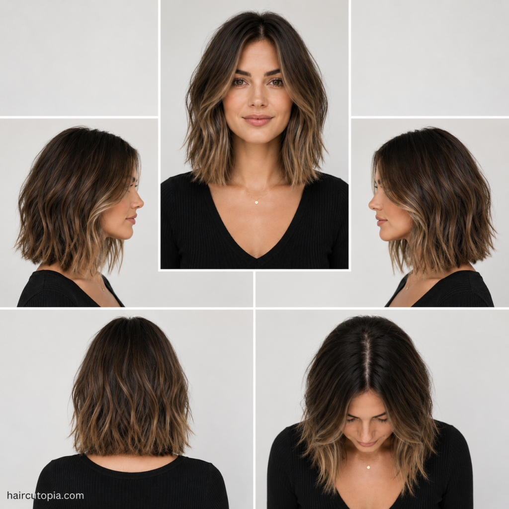 Five-view collage of a modern long bob haircut for heart-shaped faces featuring the front, left side, right side, back, and bird's-eye views of a textured collarbone-length lob.