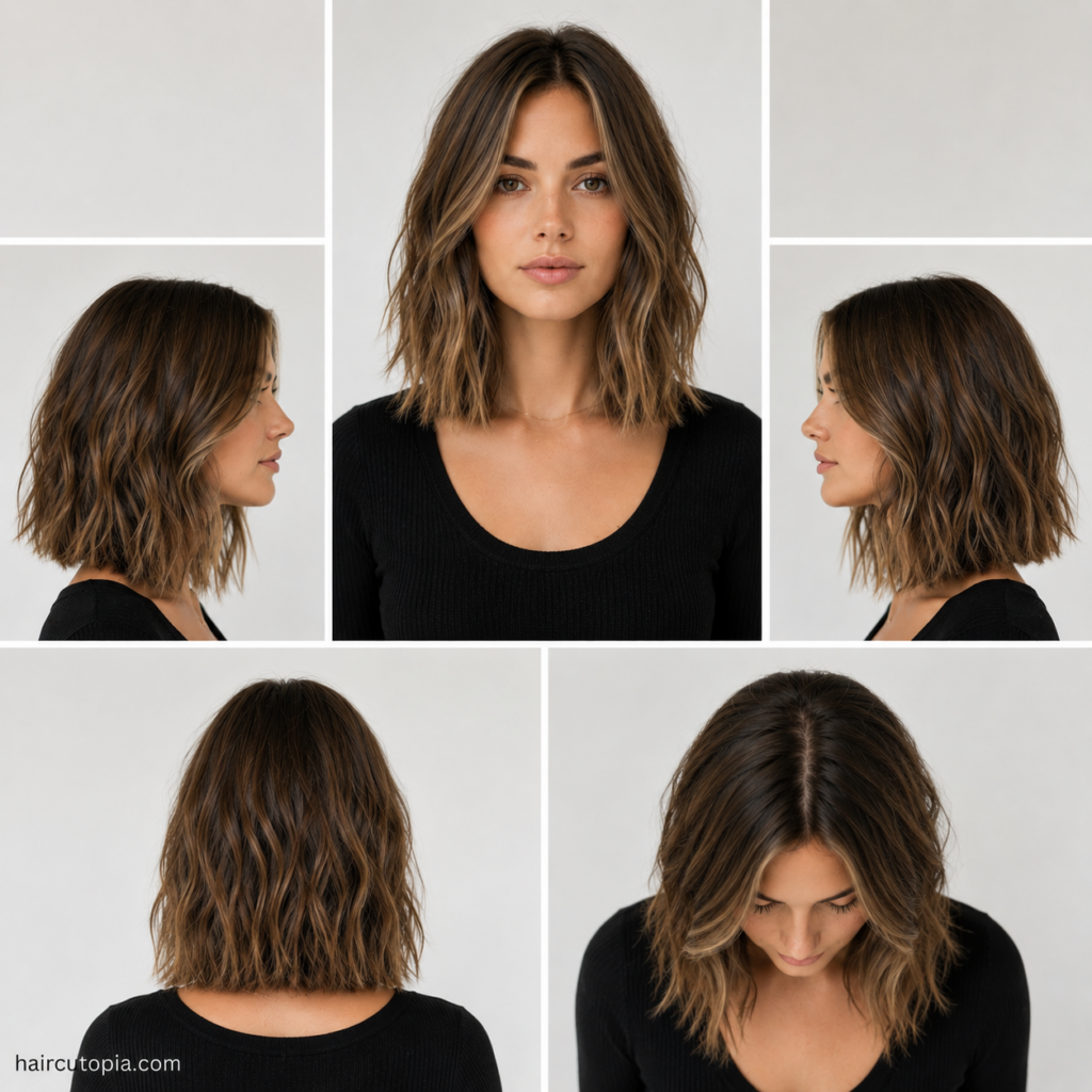 Five-view collage of a modern long bob haircut for long faces featuring the front, left side, right side, back, and bird's-eye views of a textured collarbone-length lob.