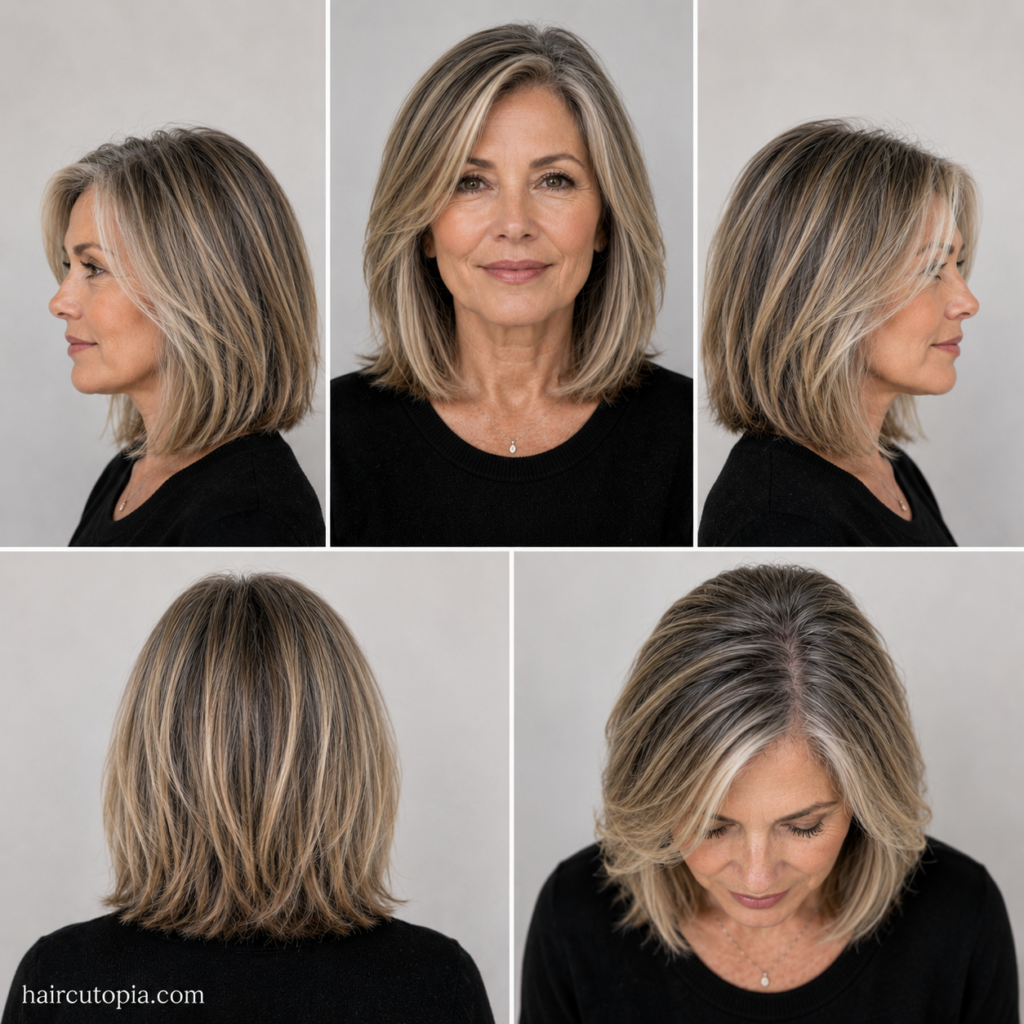 Five-panel collage showing a modern long bob haircut for an older woman from the front, left side, right side, back, and bird's-eye views.