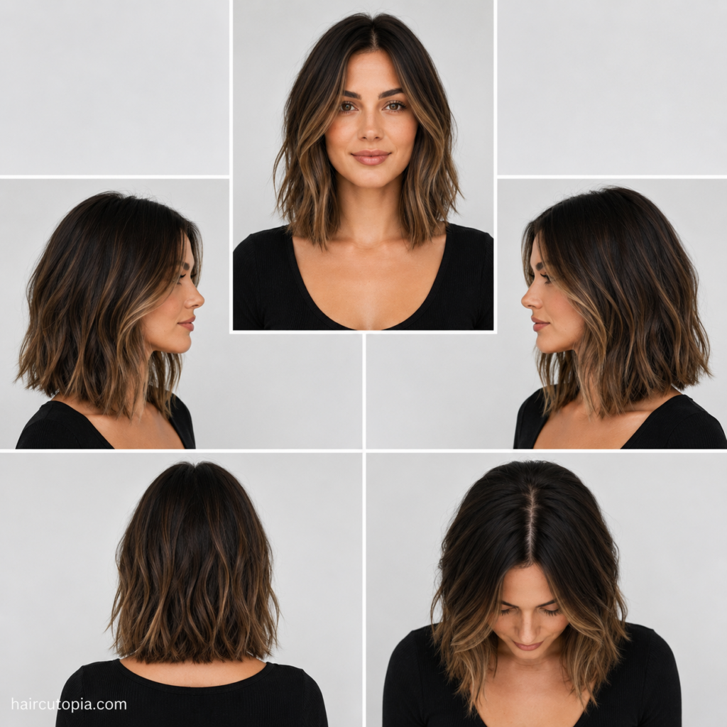 Five-view collage of a modern long bob haircut for oval faces featuring the front, left side, right side, back, and bird's-eye views of a textured collarbone-length lob.