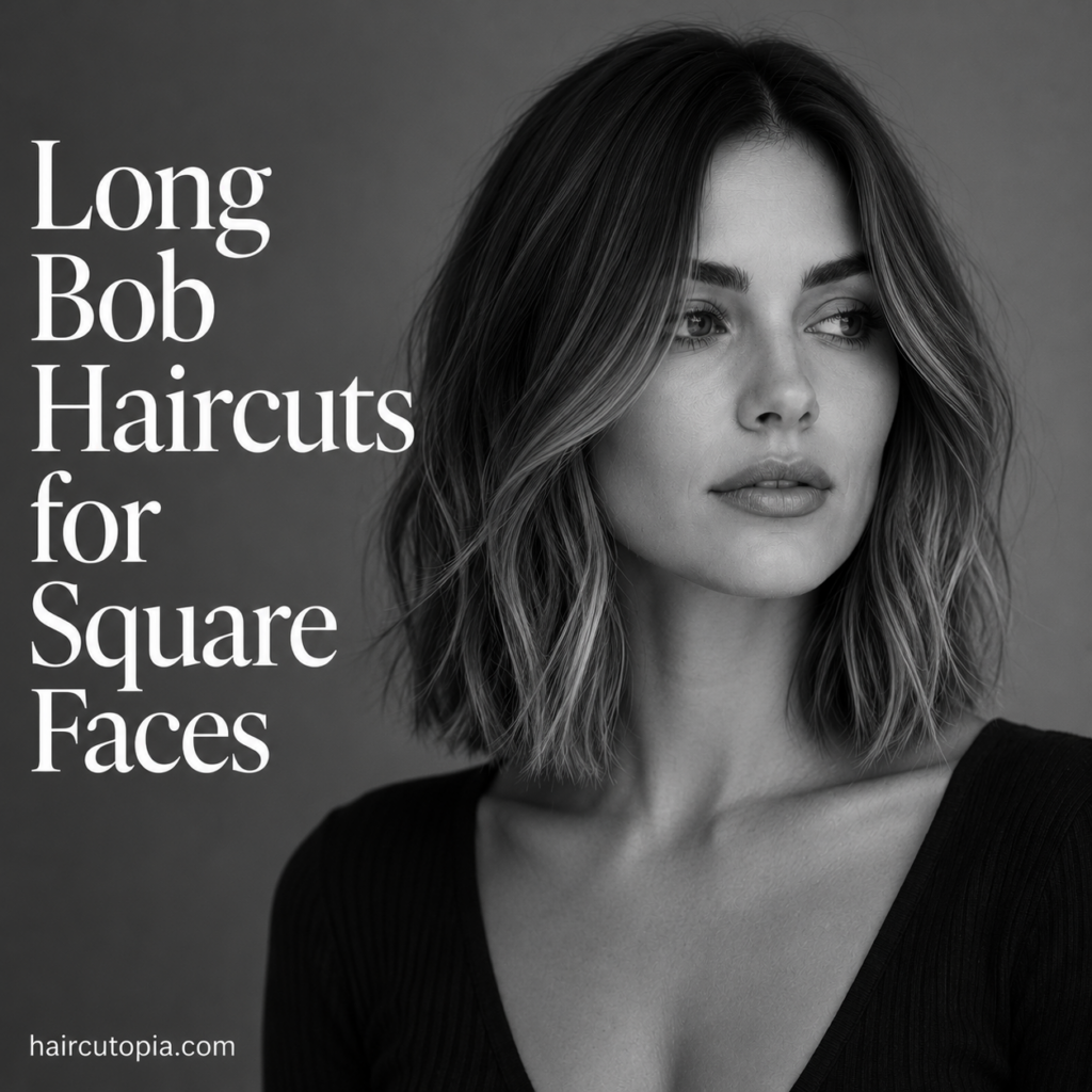 Woman with a modern collarbone-length long bob haircut featuring soft layers and textured ends, styled to flatter a square face shape.