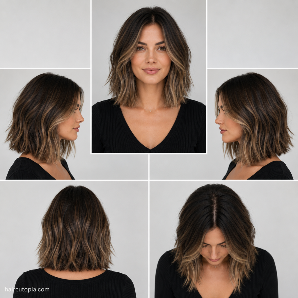 Five-view collage of a modern long bob haircut for square faces featuring the front, left side, right side, back, and bird's-eye views of a textured collarbone-length lob.
