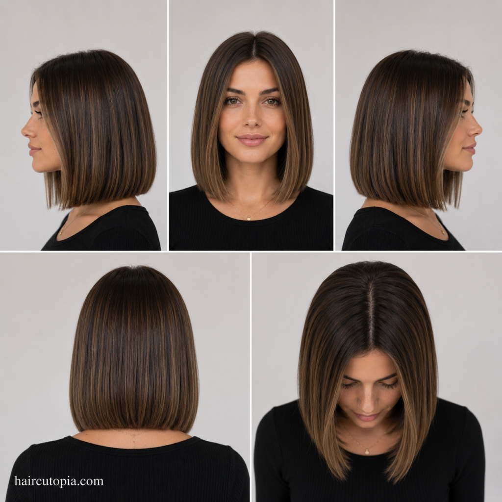 Five-panel collage showing a long bob haircut for straight hair from the front, left side, right side, back, and bird's-eye views, highlighting sleek lines, blunt ends, and a polished shoulder-length shape.