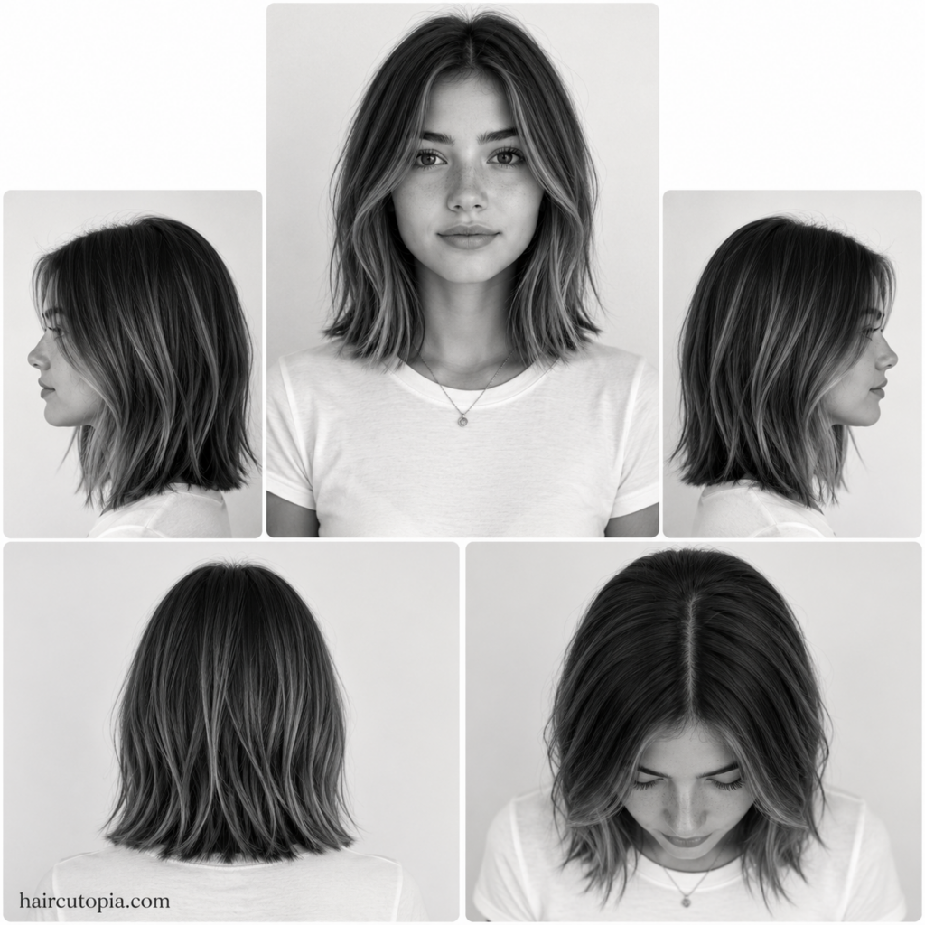 Five-view collage of a teen girl's long bob haircut showing the front, left side, right side, back, and top views in a black-and-white editorial style.