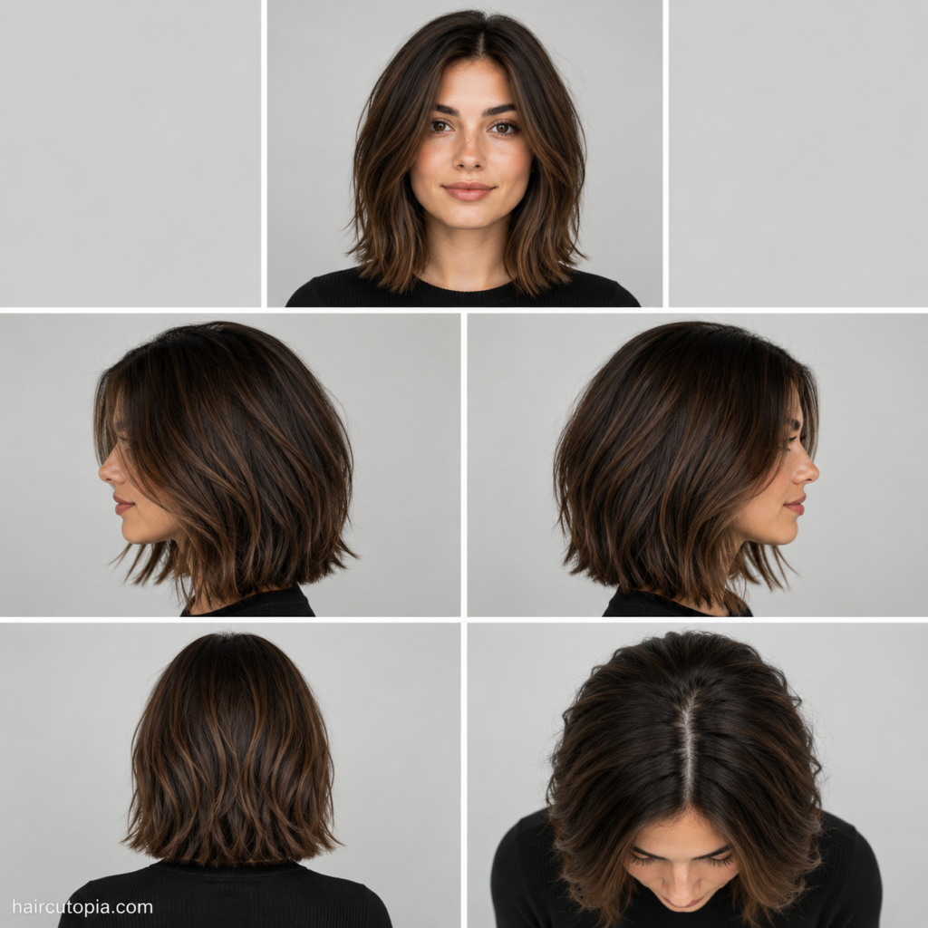 Five-view collage showing a long bob haircut for thick hair from the front, left side, right side, back, and top views.