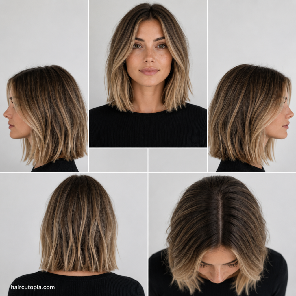 Five-panel collage showing a long bob haircut for thin hair from the front, left side, right side, back, and top views, highlighting the cut's shape, texture, and natural volume.