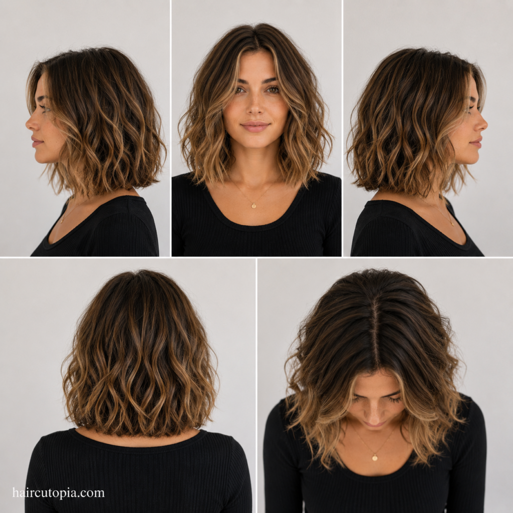 Five-panel collage showing a long bob haircut for wavy hair from the front, left side, right side, back, and bird's-eye views, highlighting soft waves, layered texture, and shoulder-length shape.