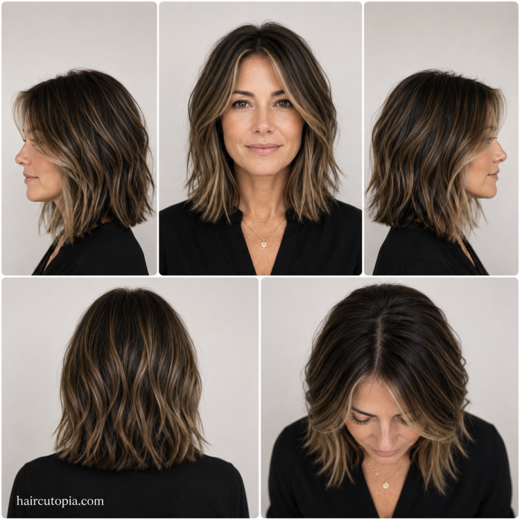 Five-panel collage showing a long bob haircut for a woman over 40 from the front, left side, right side, back, and bird's-eye views.