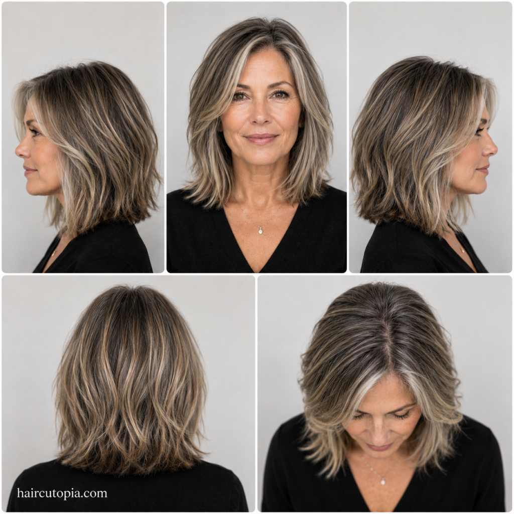 Five-panel collage showing a modern long bob haircut for a woman over 50 from the front, left side, right side, back, and bird's-eye views.