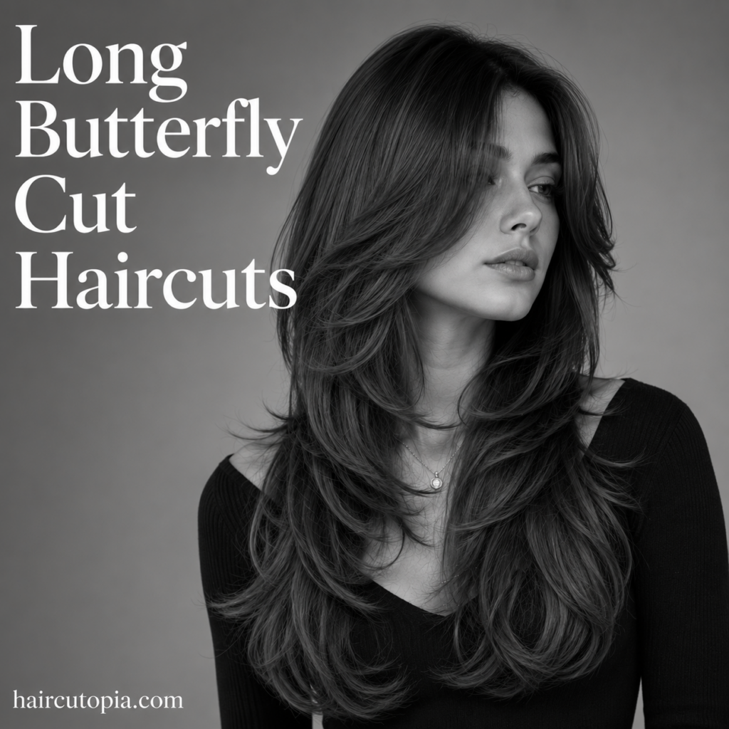 Woman with a long butterfly cut hairstyle featuring soft feathered layers and face-framing volume in a black-and-white editorial portrait.