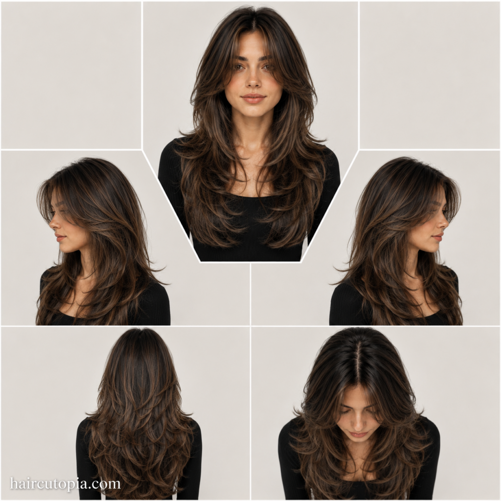 Five-view collage of a long butterfly cut haircut showing the front, left side, right side, back, and top views with flowing feathered layers and face-framing volume.